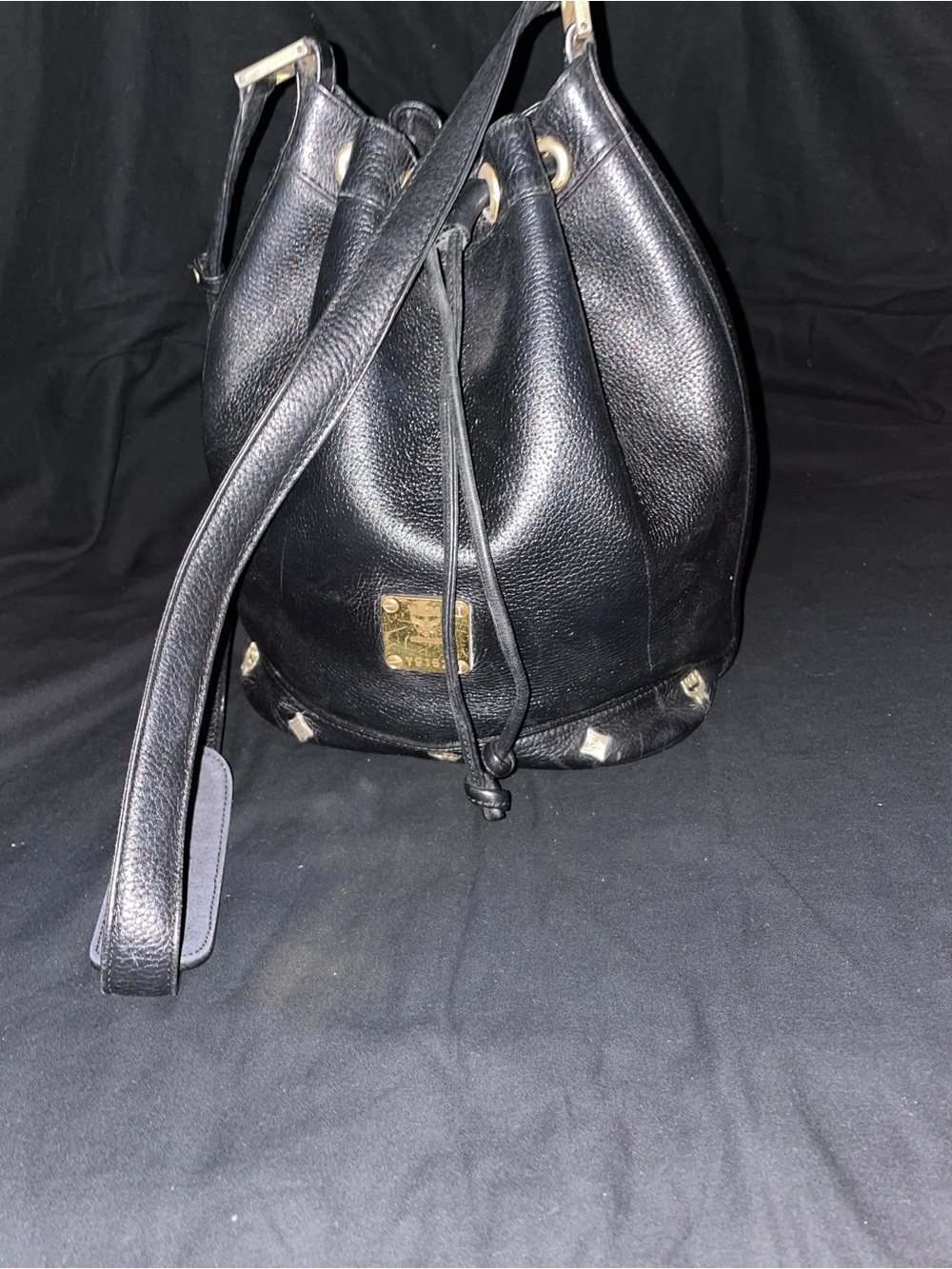MCM Black Leather Drawstring Bucket Shoulder Bag with Gold Plaque